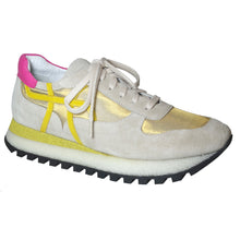 Load image into Gallery viewer, Daino Taxi Light Grey And Yellow And Gold With Black Sole Homers Women&#39;s 21360 Suede And Leather And Fabric Sneaker Profile View
