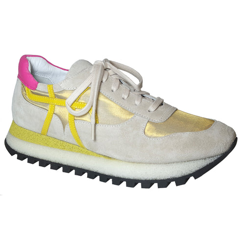 Daino Taxi Light Grey And Yellow And Gold With Black Sole Homers Women's 21360 Suede And Leather And Fabric Sneaker Profile View