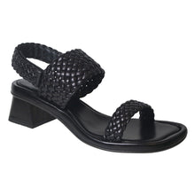 Load image into Gallery viewer, Black Homers Women&#39;s 21375 Woven Leather Triple Strap Heeled Sandal Profile View
