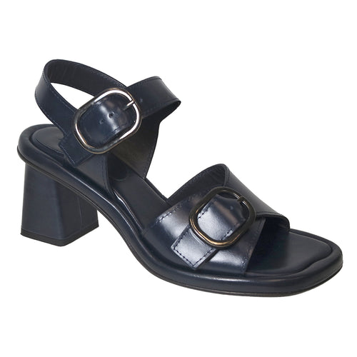 Navy Blue Homers Women's 21376 Leather Triple Strap Dress Heel With Dual Buckle Strap Closure Profile View