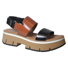 Load image into Gallery viewer, Siella Tan And Black Homers Women&#39;s 21432 Leather Triple Strap Platform Sandal Profile View

