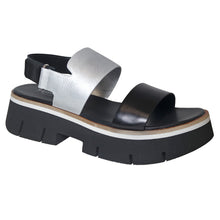 Load image into Gallery viewer, Plata Silver And Black Homers Women&#39;s 21432 Leather Triple Strap Platform Sandal Profile View
