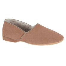 Load image into Gallery viewer, Nut Light Brown Draper of Glastonbury Men&#39;s Anton Suede Closed Black Slipper Sheepskin Lined Profile View
