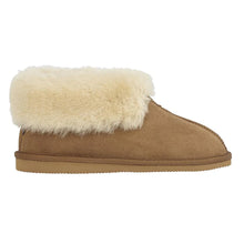 Load image into Gallery viewer, Spice Brown Draper of Glastonbury Women&#39;s Camilla Suede Slipper Shearling Lined Folding Collar Side View
