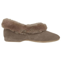 Load image into Gallery viewer, Nut Brownish Grey Of Glastonbury Janette Suede Slippers Sheepskin Collar Side View
