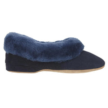 Load image into Gallery viewer, Navy Draper Of Glastonbury Janette Suede Slippers Sheepskin Collar Side View
