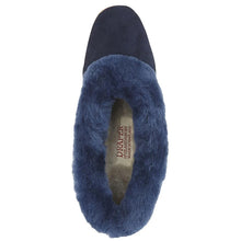 Load image into Gallery viewer, Navy Draper Of Glastonbury Janette Suede Slippers Sheepskin Collar Top View
