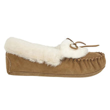 Load image into Gallery viewer, Spice Brown Draper Of Glastonbury Women&#39;s Jessica Moccasin Slipper Shearling Collar And Lining Side View
