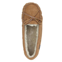 Load image into Gallery viewer, Spice Tan Draper Of Glastonbury Women&#39;s Daisy Suede Moccasin Slipper Shearling Lined Top View
