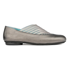 Load image into Gallery viewer, Pewter Silver With Black Sole Thierry Rabotin Women&#39;s Gragas Metallic Leather Ballet Flat With Elastic Bands Side View
