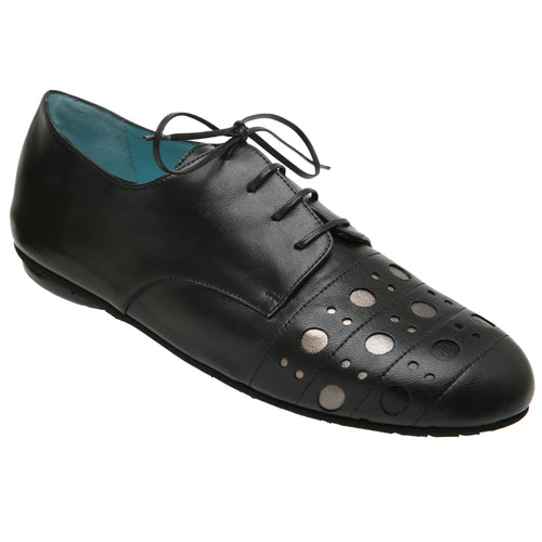 Black Thierry Rabotin Women's Leather Casual Oxford Flat With Silver Metallic Circular Cut Outs