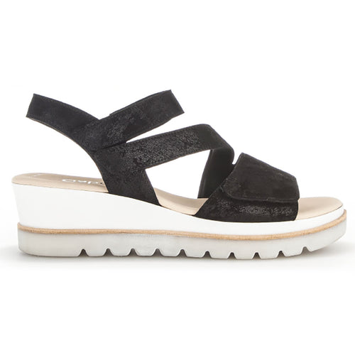 Black With White And Grey Sole Gabor Women's 24640 Metallic Suede Triple Strap Wedge Sandal