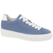 Load image into Gallery viewer, Blue And White Gabor Women&#39;s 26420 Suede And Leather Casual Sneaker Profile View
