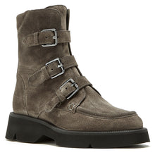 Load image into Gallery viewer, Charcoal Brownish Grey With Black Sole La Canadienne Women&#39;s Benwin Waterproof Suede Mid Calf Triple Buckle Strap Boot Profile View
