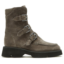 Load image into Gallery viewer, Charcoal Brownish Grey With Black Sole La Canadienne Women&#39;s Benwin Waterproof Suede Mid Calf Triple Buckle Strap Boot Side View
