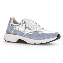 Load image into Gallery viewer, Metallic Silver And White And Light Blue Gabor Women&#39;s 26896 Leather And Suede Walking Sneaker Profile View
