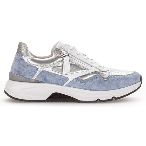 Metallic Silver And White And Light Blue Gabor Women's 26896 Leather And Suede Walking Sneaker