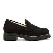 Load image into Gallery viewer, Black La Canadienne Women&#39;s Darcy Waterproof Suede Shearling Lined Loafer Side View
