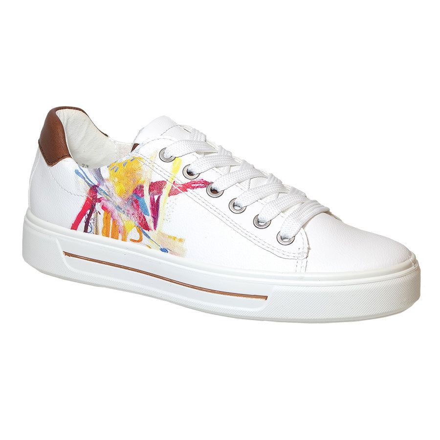 White With Brown Ara Women's Camden Leather With Print Color Splatter Design Casual Sneaker
