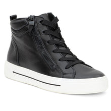 Load image into Gallery viewer, Black With White Sole Ara Women&#39;s Camden Mid Leather Hi Top Sneaker Profile View
