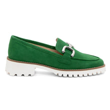 Load image into Gallery viewer, Grass Green With White Sole Ara Women&#39;s Kiana Buckle Suede Loafer With Buckle Detailing Side View
