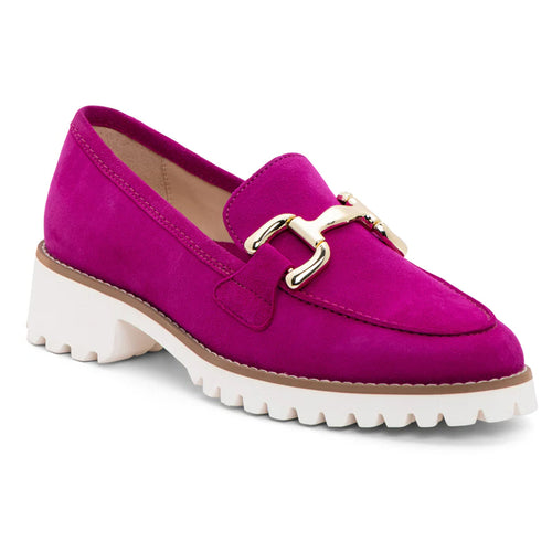 Pink With White Sole Ara Women's Kiana Buckle Suede Loafer With Buckle Detailing Profile View