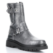 Load image into Gallery viewer, Anthracite Silver Bos&amp;Co Women&#39;s Marang Metallic Leather Mid Height Triple Buckle Boot Profile View
