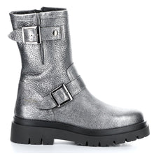 Load image into Gallery viewer, Anthracite Silver Bos&amp;Co Women&#39;s Marang Metallic Leather Mid Height Triple Buckle Boot Side View
