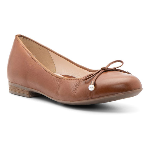 Cognac Brown Ara Women's Scout Leather Ballet Flat With Bow Accent Profile View