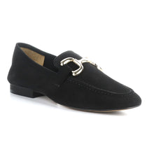 Load image into Gallery viewer, Black Bos And Co Women&#39;s Macie Suede Dress Loafer Link Ornament Profile View
