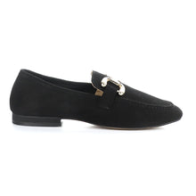 Load image into Gallery viewer, Black Bos And Co Women&#39;s Macie Suede Dress Loafer Link Ornament Side View
