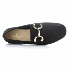 Load image into Gallery viewer, Black Bos And Co Women&#39;s Macie Suede Dress Loafer Link Ornament Top View
