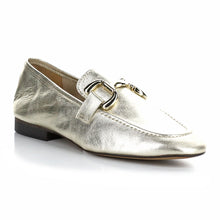 Load image into Gallery viewer, Champagne Light Gold With Black Sole Bos And Co Women&#39;s Macie Metallic Leather Dress Loafer Link Ornament Profile View
