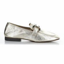 Load image into Gallery viewer, Champagne Light Gold With Black Sole Bos And Co Women&#39;s Macie Metallic Leather Dress Loafer Link Ornament Side View

