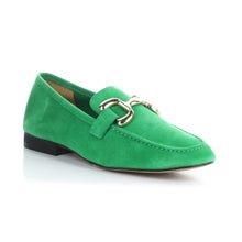 Load image into Gallery viewer, Irish Green With Black Sole Bos And Co Women&#39;s Macie Suede Dress Loafer Link Ornament Profile View
