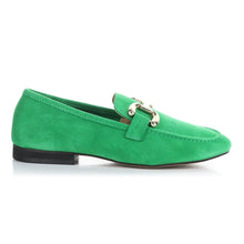 Load image into Gallery viewer, Irish Green With Black Sole Bos And Co Women&#39;s Macie Suede Dress Loafer Link Ornament Side View
