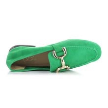 Load image into Gallery viewer, Irish Green With Black Sole Bos And Co Women&#39;s Macie Suede Dress Loafer Link Ornament Top View
