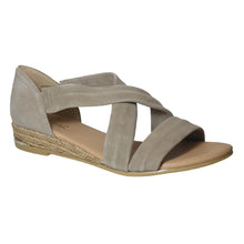 Load image into Gallery viewer, Africa Brownish Grey With Beige Sole Pinaz Women&#39;s 317 Faux Nubuck Cross Strap Low Wedge Espadrille Sandal Profile View
