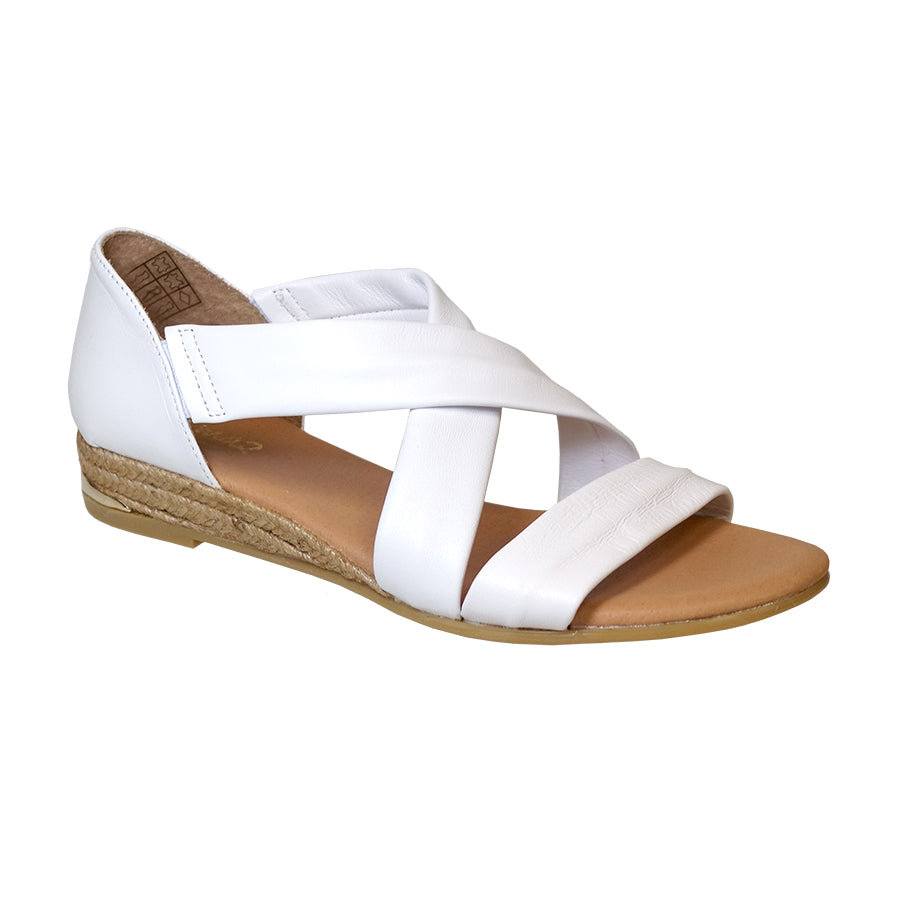 Blanco White With Beige Sole Pinaz Women's 317 Faux Leather Cross Strap Low Wedge Espadrille Sandal