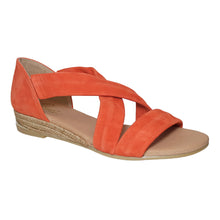 Load image into Gallery viewer, Naranja Orange With Beige Sole Pinaz Women&#39;s 317 Faux Nubuck Cross Strap Low Wedge Espadrille Sandal Profile View
