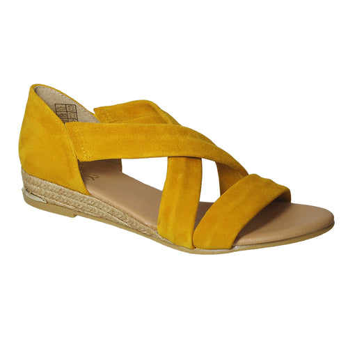 Sol Yellow With Beige Sole Pinaz Women's 317 Faux Nubuck Cross Strap Low Wedge Espadrille Sandal