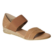 Load image into Gallery viewer, Chestnut Brown And Tan With Beige Sole Pinaz Women&#39;s 321 Nubuck And Stretch Fabric Closed Back Double Strap Low Wedge Espadrille Profile View
