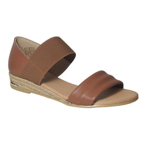 Cuero Brown And Tan With Beige Sole Pinaz Women's 321 Leather And Stretch Fabric Closed Back Double Strap Low Wedge Espadrille