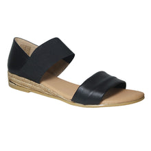 Load image into Gallery viewer, Black With Beige Sole Pinaz Women&#39;s 321 Leather And Stretch Fabric Closed Back Double Strap Low Wedge Espadrille Profile View
