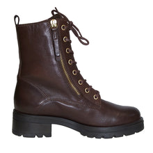 Load image into Gallery viewer, Brown With Black Sole Gabor Women&#39;s 32785 Leather Lace With Side Zipper Combat Boot Inside View
