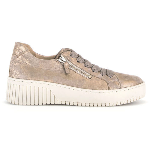 Gold With White Sole Gabor Women's 33230 Metallic Leather Casual Sneaker Lace Up And Side Zipper