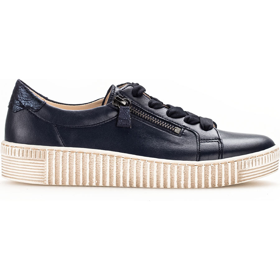 Dark Blue With Beige Sole Gabor Women's 33334 Leather Casual Sneaker Lace Up And Side Zipper