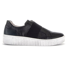 Load image into Gallery viewer, Black With White Sole Gabor Women&#39;s 33336 Leather With Stretch Fabric Strap Slip On Casual Sneaker Side View
