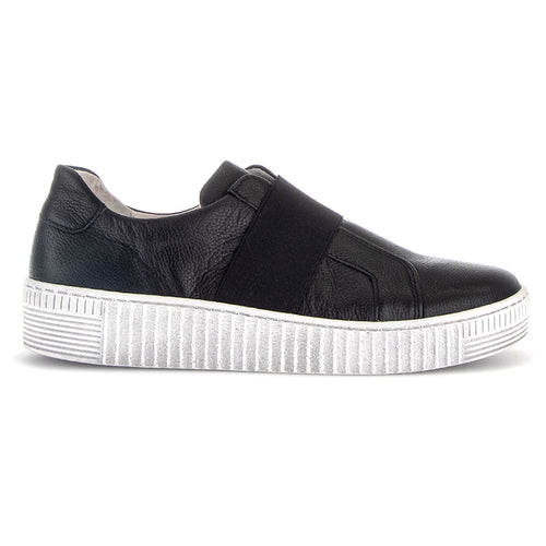Black With White Sole Gabor Women's 33336 Leather With Stretch Fabric Strap Slip On Casual Sneaker Side View