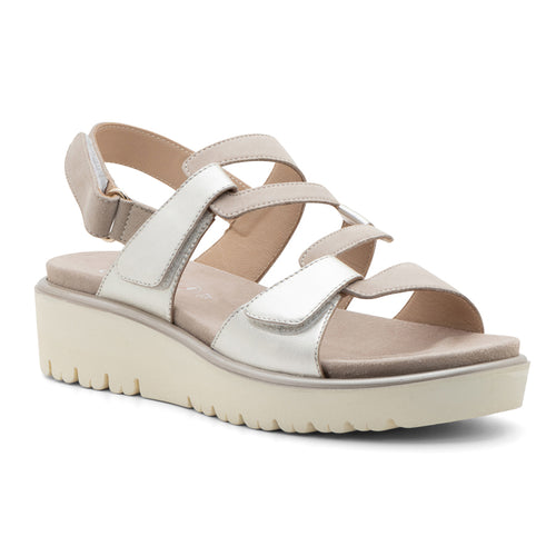 Platinum Light Silver And Sand Light Brown With Beige Sole Ara Women's Bayview Metallic Leather And Suede Strappy Wedge Sandal Profile View